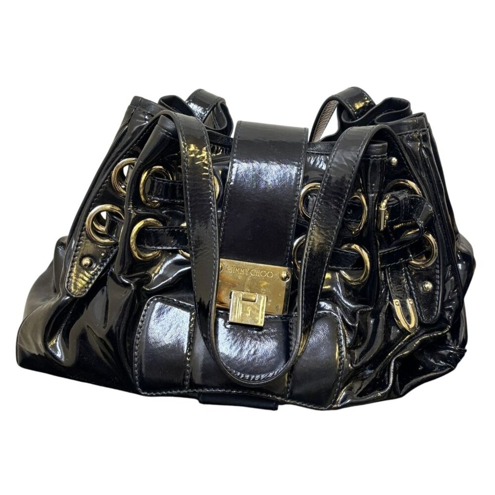 Jimmy Choo Black Patent Leather Bucket Bag With Gold Accents